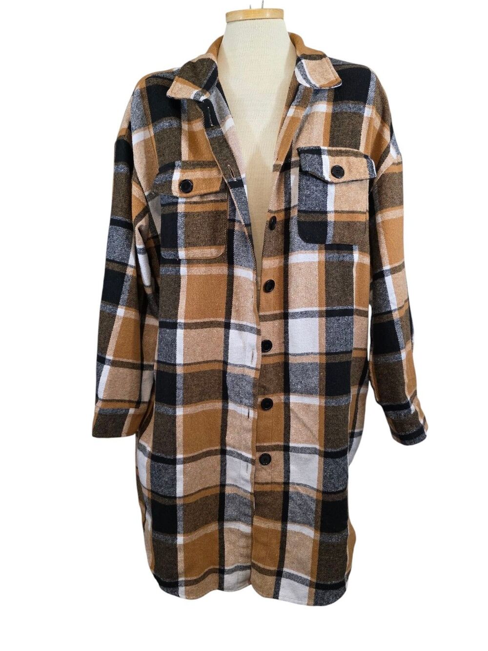Plaid Long Shacket Womans 18W Yellow Shirt Jacket Button Front Pockets